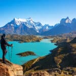Hiker at mirador condor enjoying amazing view of Los Cuernos roc